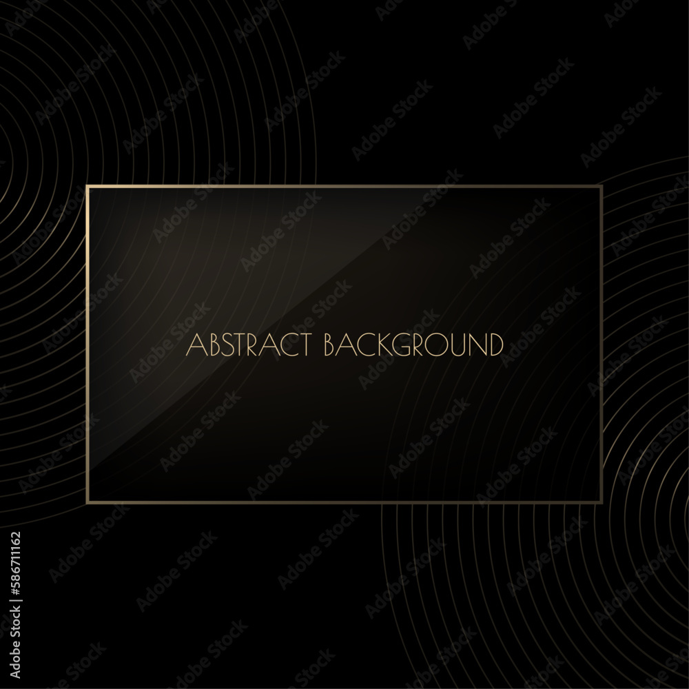 Vector abstract black premium background with golden rectangle frame. Modern luxurious elegant backdrop in dark color for exclusive posters, banners, invitations, business cards.
