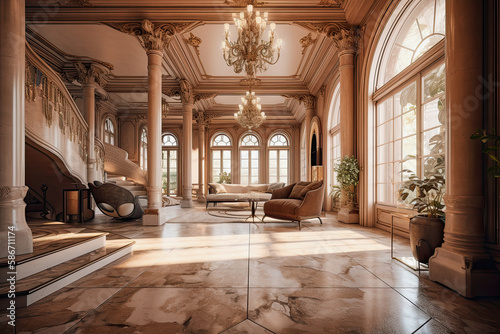 generative ai illustration of luxurious furnished hall in luxury villa