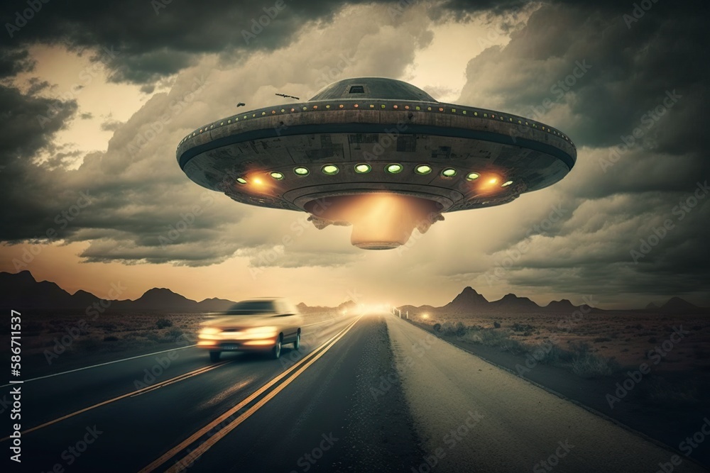 illustration, a spaceship from another planet flying over a highway, fantasy, ai generative illustration, a spaceship from another planet flying over a highway, fantasy, ai generative