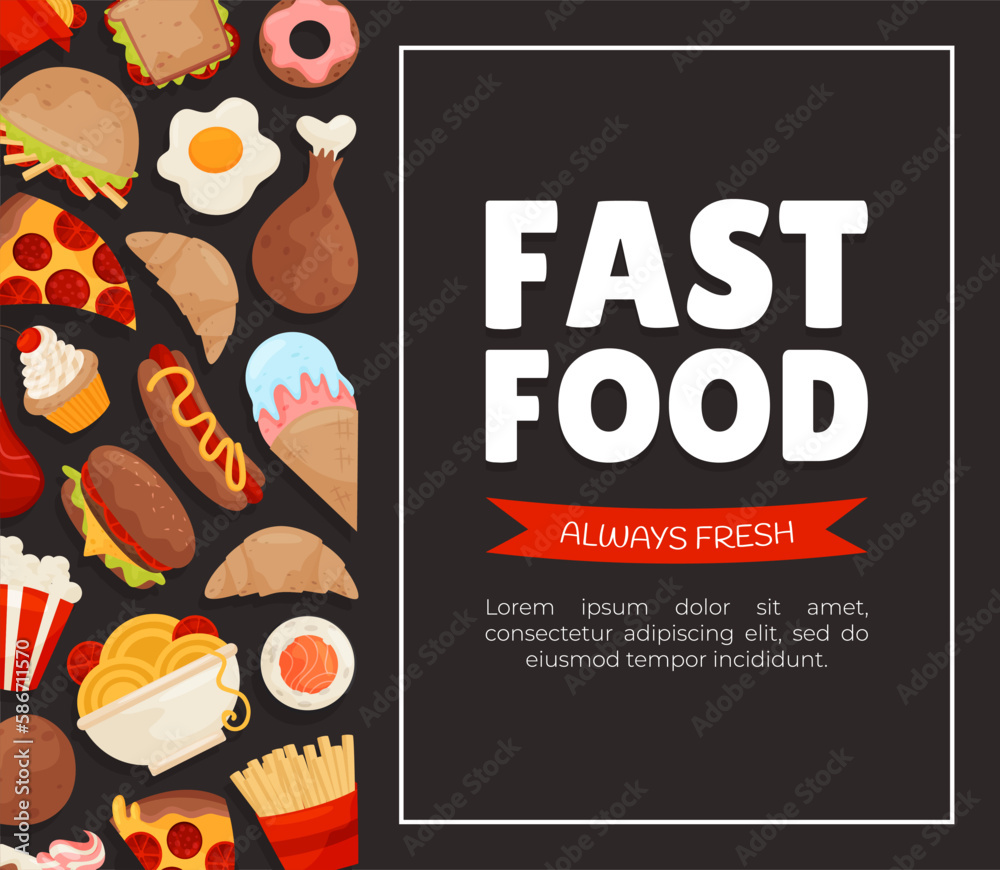 Fast Food Banner Design with Hamburger, French Fries, Sweet and Hot Dog Vector Template