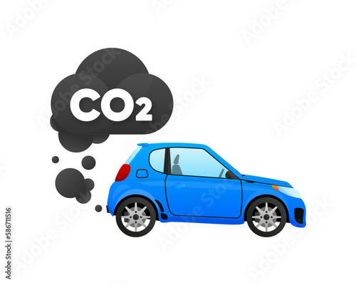 CO2 emissions, carbon dioxide emits, smog pollution, smoke pollutant. The car emits carbon dioxide, polluting the environment. Vector illustration.