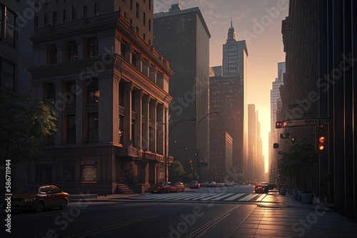 Chicago street at sunset, Chicago, Illinois, USA. Generative AI