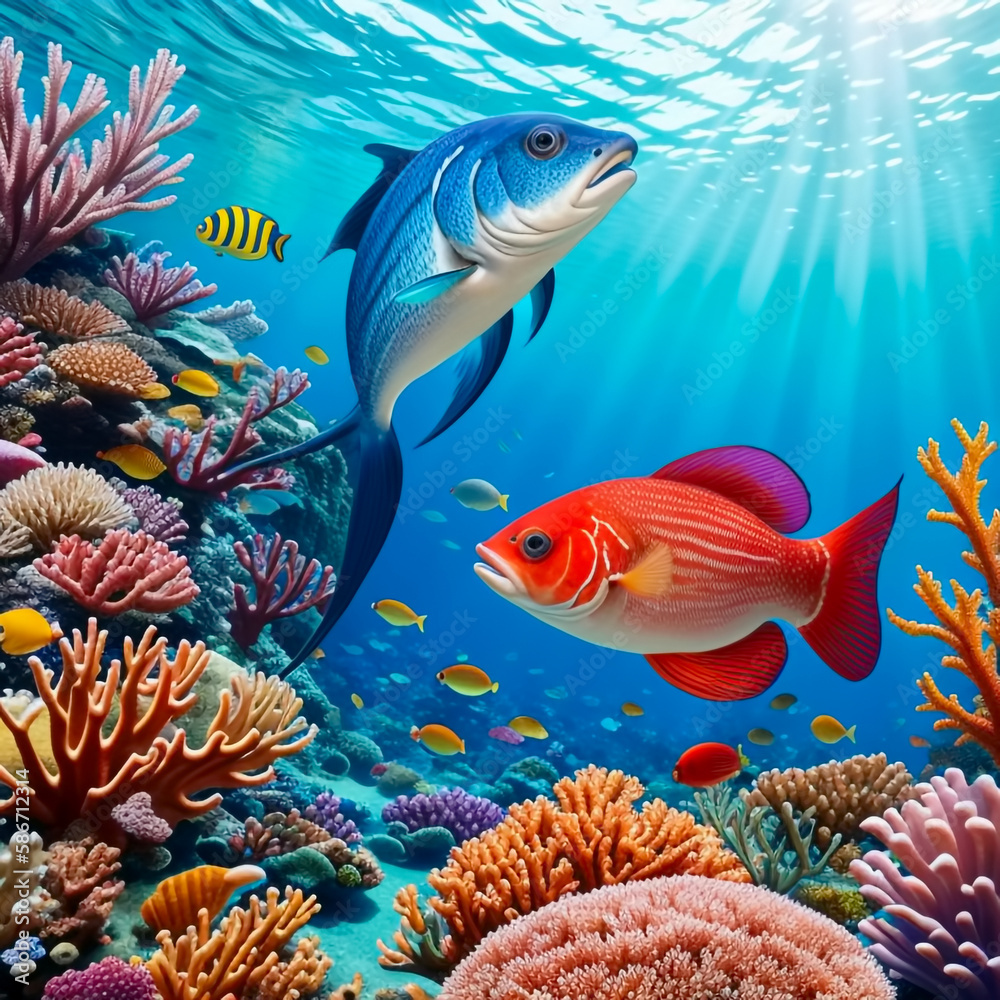 Tropical fish in a coral reef. Generative AI
