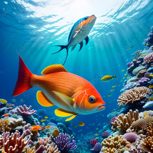 Tropical fish in a coral reef. Generative AI