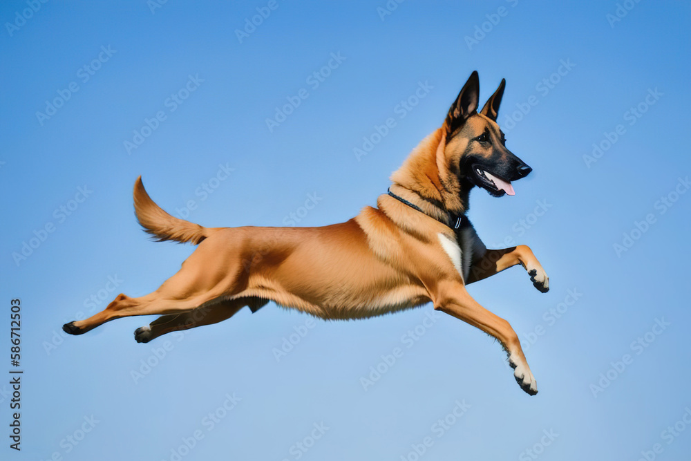 Obraz premium Belgian Shepherd Malinois on the guard of the border performs a jump. Generative AI.