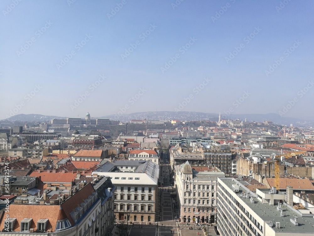 Budapest, Hungary: St Stephen's Basilica (Szent István-bazilika), panoramic view of Budapest from the church's dome. 