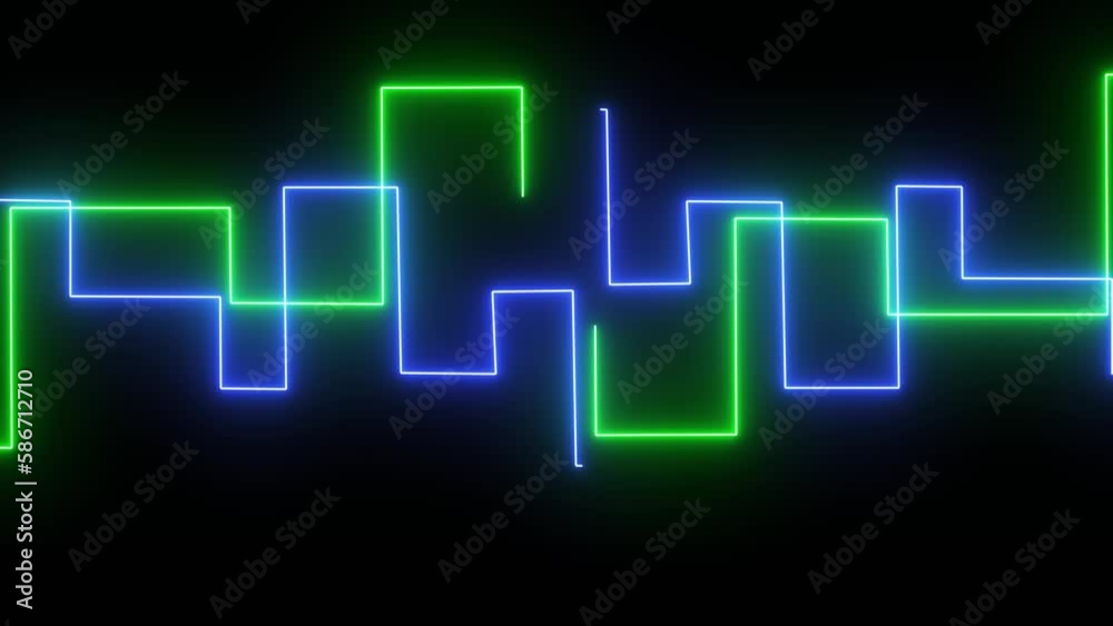 Abstract background from appearing neon lines, colorful squares. Green and blue glowing geometrical curves. Isolated on black background. Hight club concept. Fluorescent ultraviolet light. 