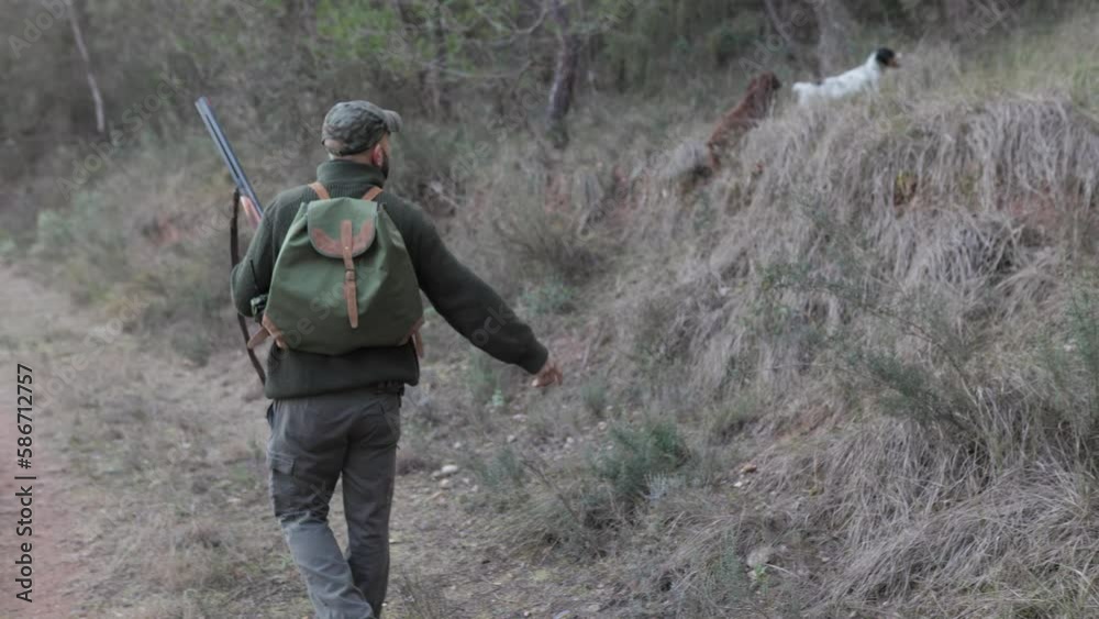 Hunter man pointing and giving instructions to his dogs while hunting in the nature. Hunter man pointing and giving instructions to his dogs while hunting in the nature.
