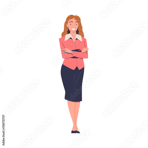 Cheerful business woman dressed in business style clothes. Beautiful woman in skirt and jacket cartoon vector illustration