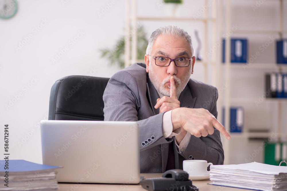 Old male employee working in the office Old male employee working in the office
