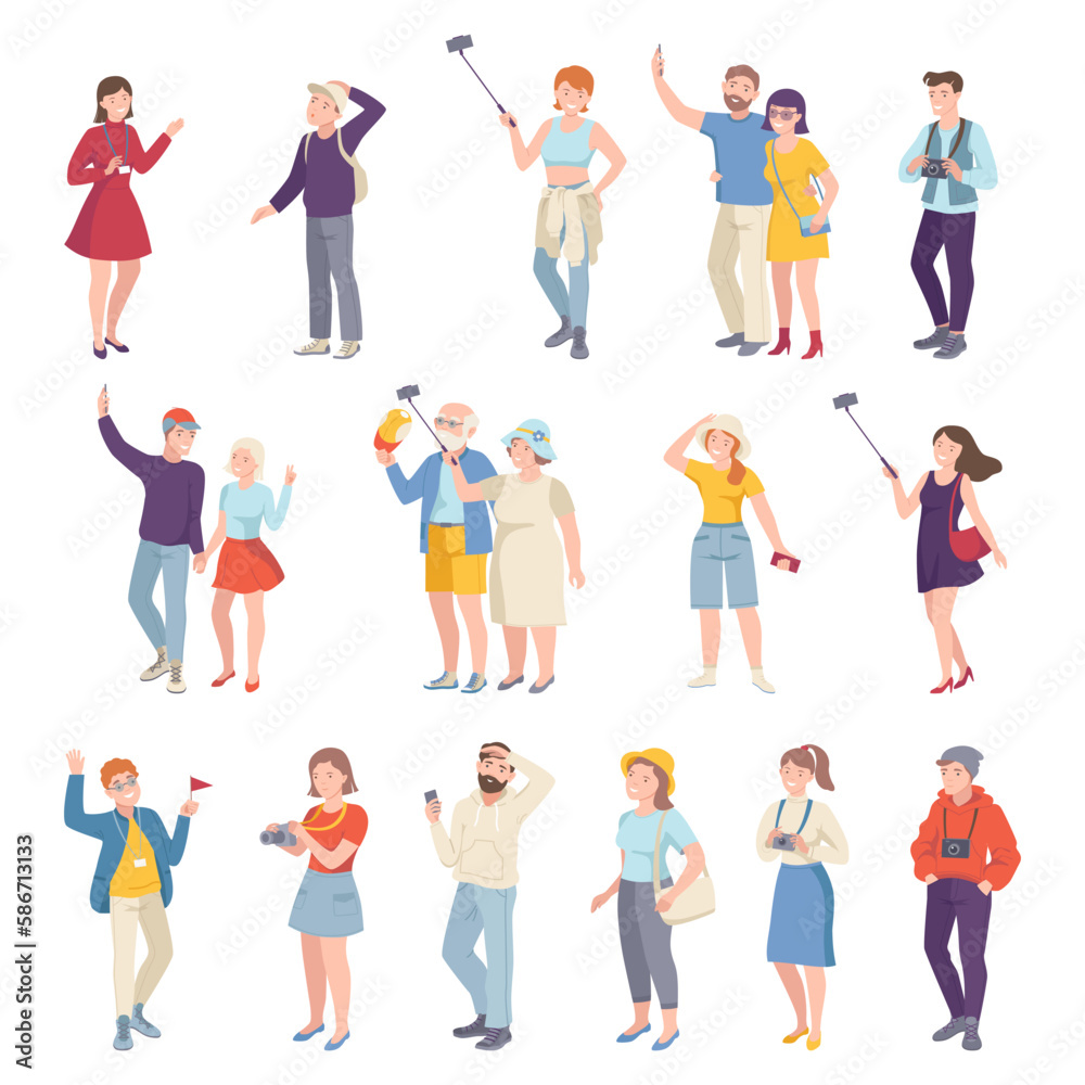 People Tourist Characters on Excursion or Sightseeing Tour with Guide Big Vector Set