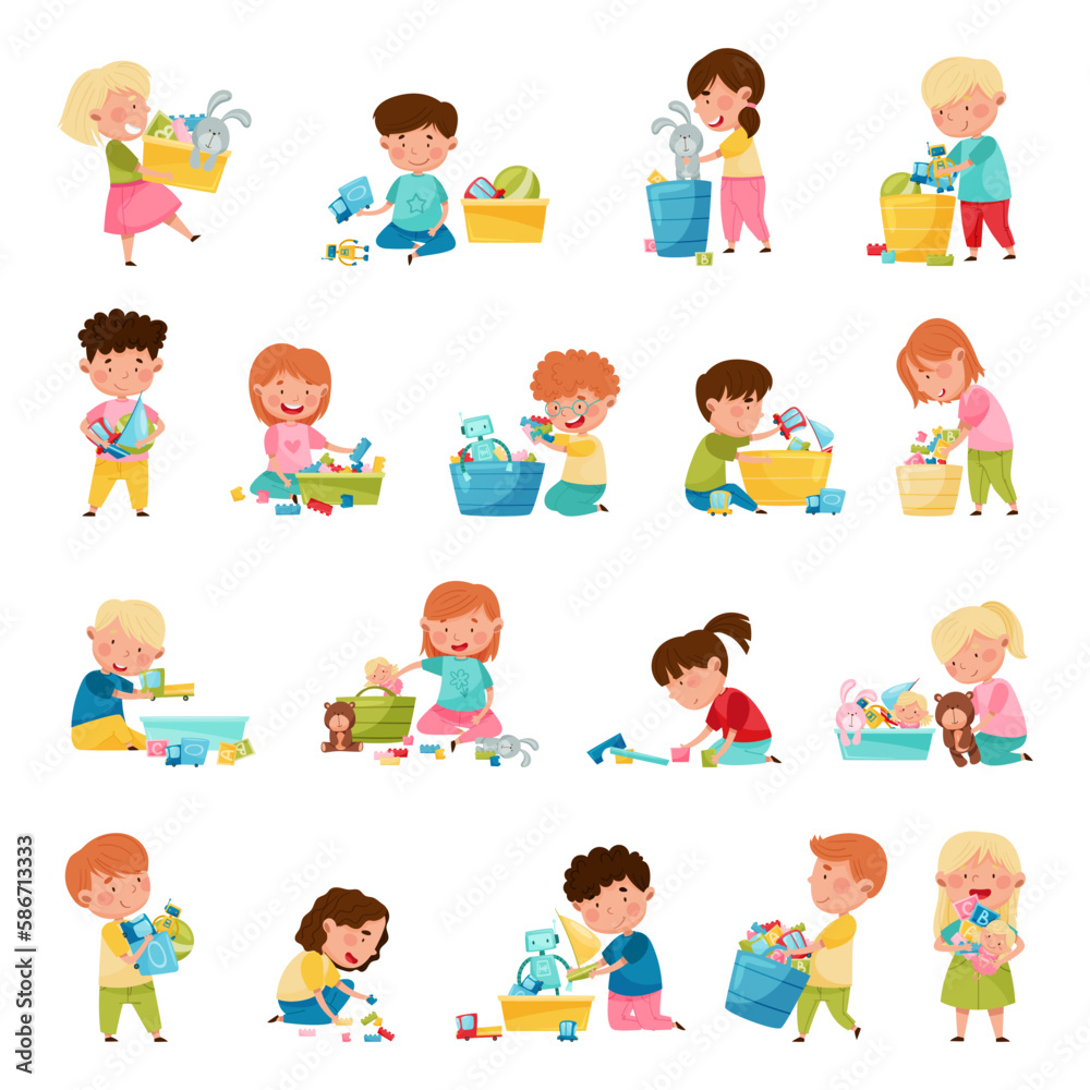 Cute Children Playing With Different Toys Having Fun On Their Own Enjoying Childhood Big Vector Set