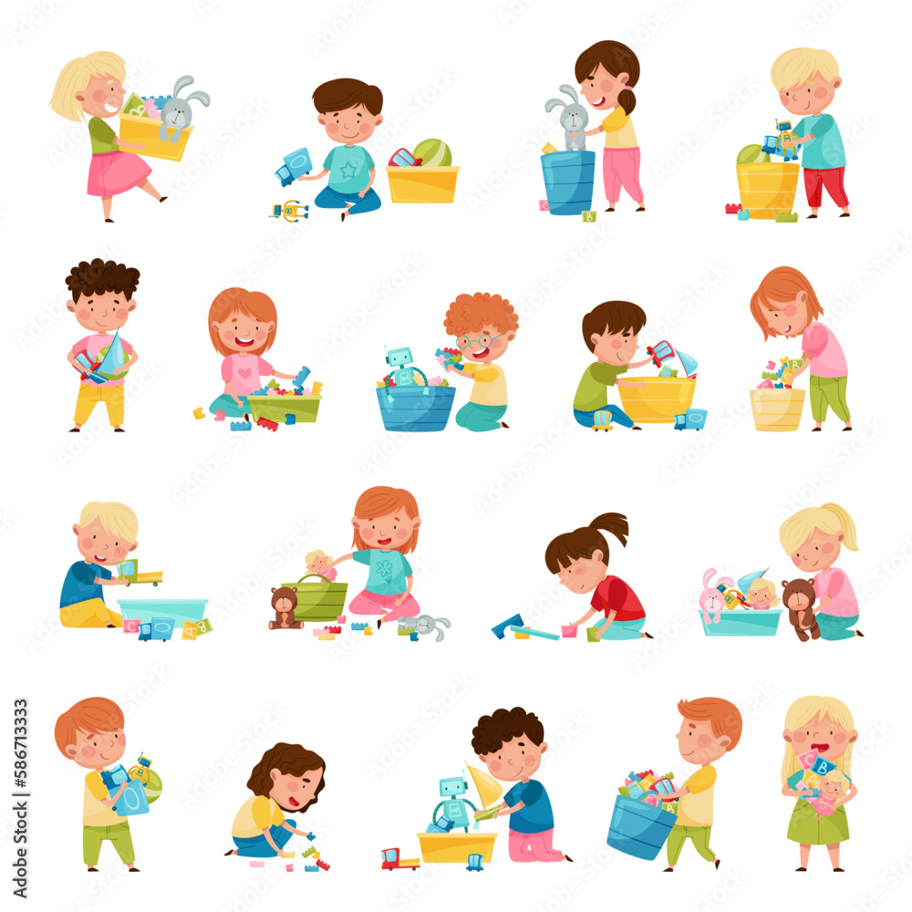 Cute Children Playing With Different Toys Having Fun On Their Own Enjoying Childhood Big Vector Set Cute Children Playing With Different Toys Having Fun On Their Own Enjoying Childhood Big Vector Set