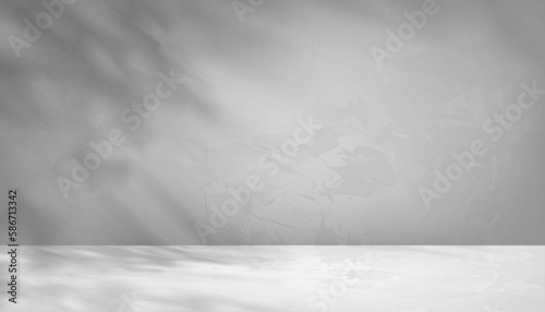 3d Grey background display with shadow leaves overlay on cement wall room,Transparent soft light fo branches leaf,Concept for Organic Cosmetic product presentation,Sale,Online shop in Spring,Summer