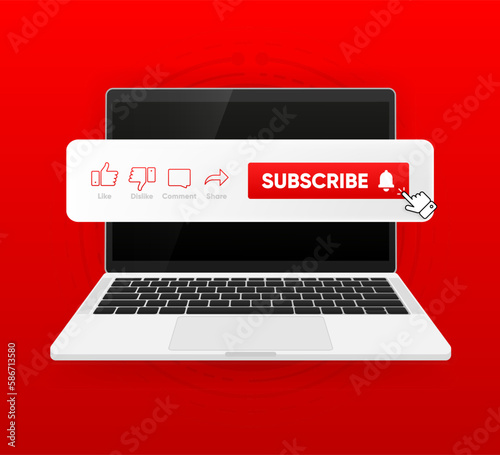 Clicking Subscribe Button, Like, Comment and Share. Icon Set of Channel Subscriptions on laptop. Flat icons template. Marketing. Social media concept. Vector illustration.