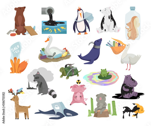 Wild animals suffering from nature pollution set. Plastic rubbish, pollution of water, deforestation, nuclear waste, climate change. Global environmental problems cartoon