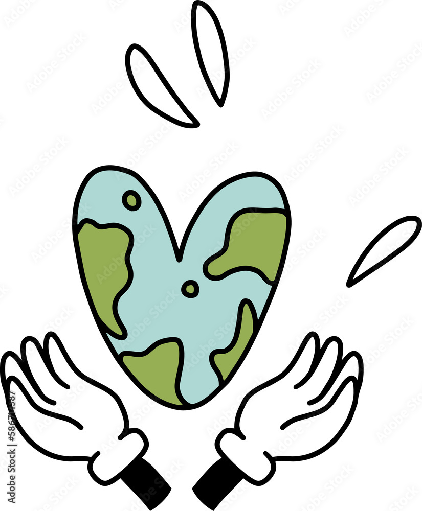Groovy y2k retro eco cartoon png. Happy earth day ecology heart sticker or label design. Environment day trendy badges. Isolated on transparent background. Ecological vector illustration