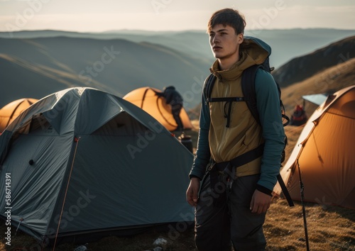 Young man at camping at mountains. Generative AI.	
