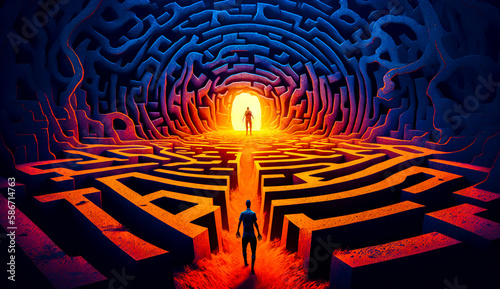 Man standing in the middle of maze. Generative AI.