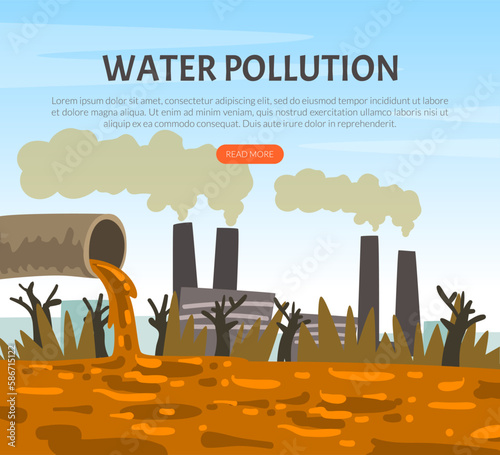 Nature pollution landing page. Contamination of environmental by toxic effluents, water waste and disposals webpage cartoon vector