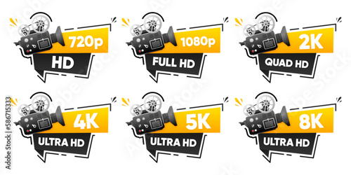 8K, 5K, 4K UHD, Quad HD, Full HD and HD resolution nameplates of gold gradient color. Cinema Camera. TV symbols and icons. Vector illustration.