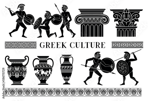 Greek culture set. Collection of silhouettes of men with shields and weapons. Antique dishes and columns. Warriors in helmets fight. Cartoon flat vector illustrations isolated on white background
