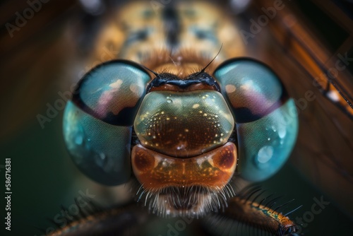  a close up of a bug's face with a mirror in the back ground and a reflection of the insect's face in the back ground.  generative ai © Oleg