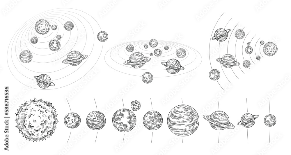Solar System In Line Solar system line set. Collection of planets with satellites. Space ...