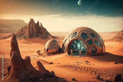 Fototapete An illustration, colony on the planet Mars, generative ai