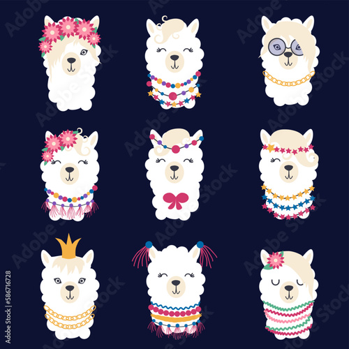 Llama set of cute animals. White alpaca with different muzzles