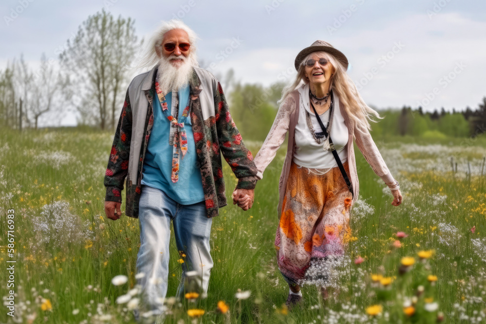 Old hippies smiling in a field full of spring flowers, generative AI