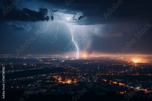 Lightning over the night city. AI Generated