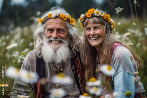 Old hippies smiling in a field full of spring flowers  generative AI