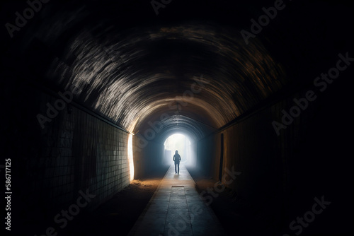 The man at the end of the tunnel and the light. AI Generated