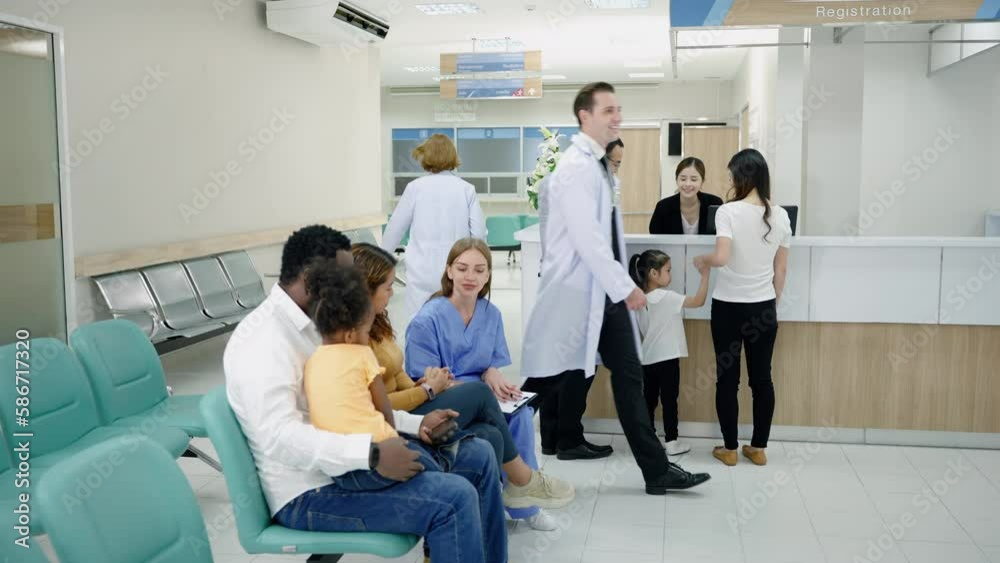 Diversity in hospital lobby or hallway with busy nurse, older patient on wheelchair, sick patient, relative waiting at reception
Diversity in hospital lobby or hallway with busy nurse, older patient on wheelchair, sick patient, relative waiting at reception