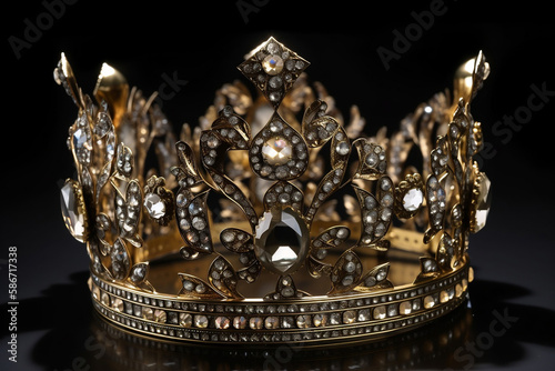Crown with diamonds on black. AI Generated