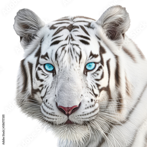 an isolated white tiger FACE, FRONT-view portrait, jungle-themed photorealistic illustration on a transparent background cutout in PNG, GENERATIVE AI