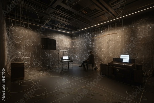 The musician's studio is alive with the sound of interconnected lines and dots, each representing a vital piece of information about the music being created. Generative AI