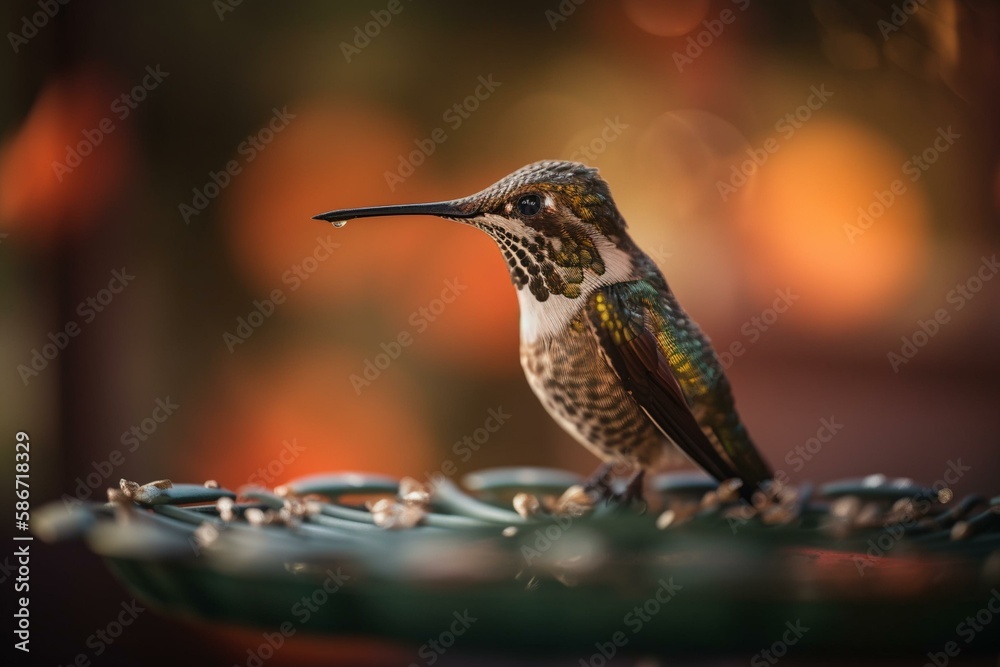 Obraz premium A hummingbird at a feeder, bokeh Generative AI