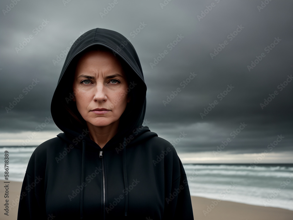 Dramatic portrait of a woman, late autumn season, sea as background, dark sky with storm clouds. Generative AI. Dramatic portrait of a woman, late autumn season, sea as background, dark sky with storm clouds. Generative AI.