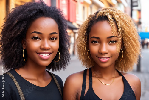 Portrait of a beautiful afro girls, city street as a background. Generative AI.