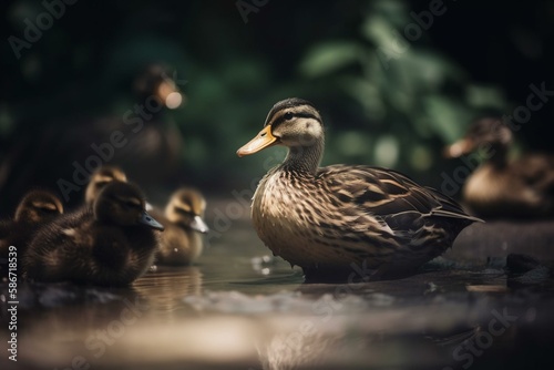 A mother duck with her ducklings, bokeh Generative AI