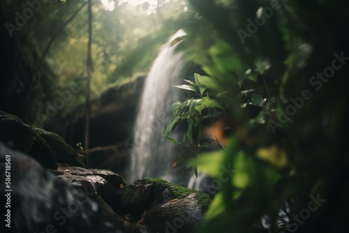 A waterfall surrounded by greenery  bokeh Generative AI