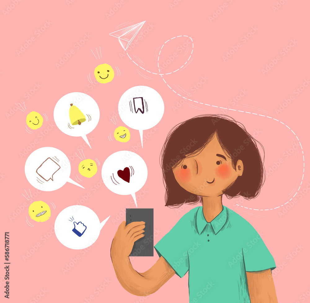 Ilustracion de joven morena revisando su celular para ver las notificaciones 