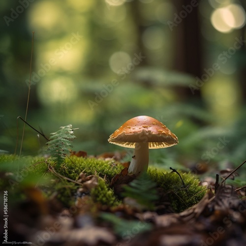 A mushroom in a forest, bokeh Generative AI
