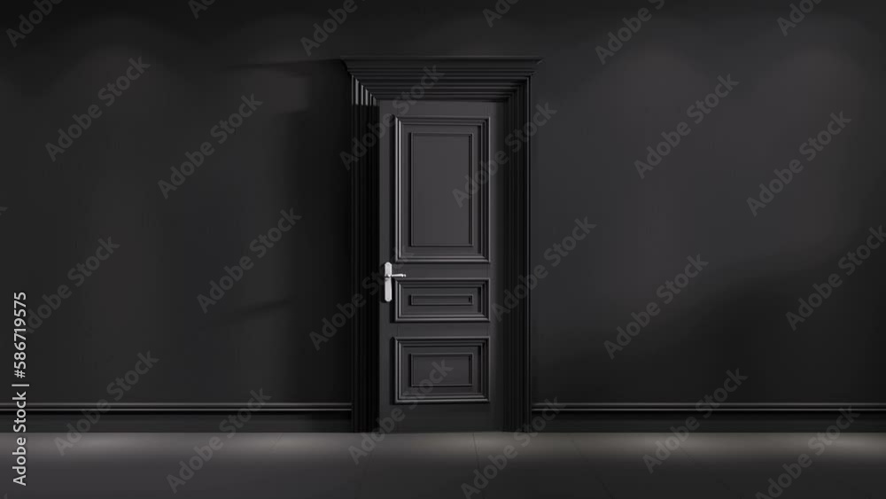 Black door opening to the white background. Green chroma key, luma matte included.