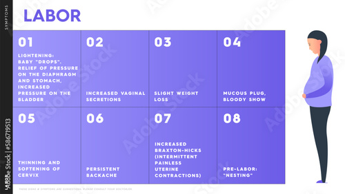 Vector infographic showing labor symptoms. Character with indicators indicating an imminent birth. These include: persistent backache, mucous plug, bloody show, slight weight loss, pre-labor nesting