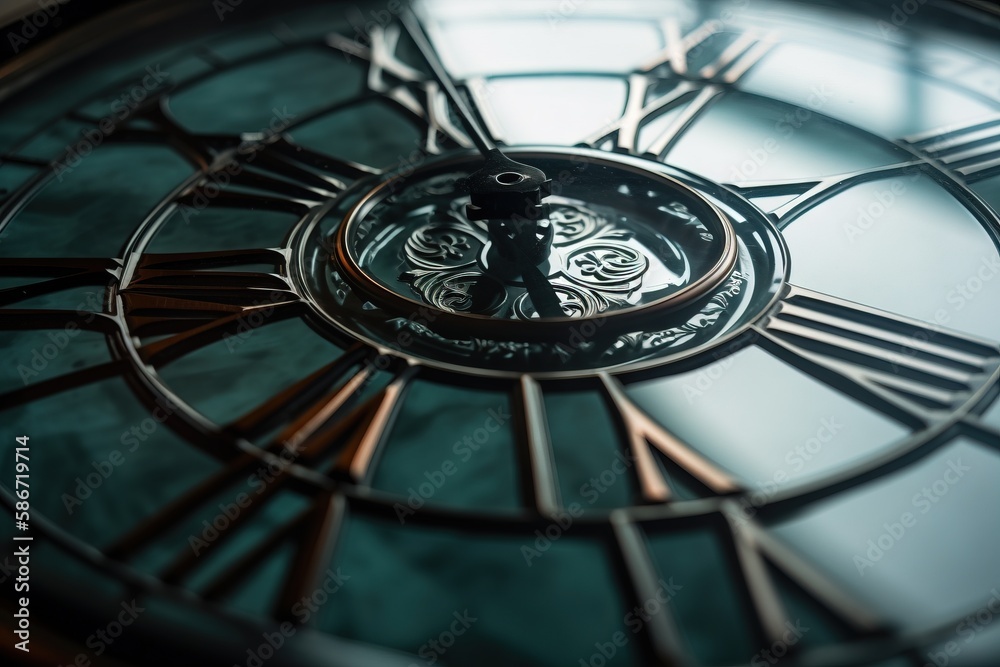 a close up of a clock face with roman numerals and a circular design on