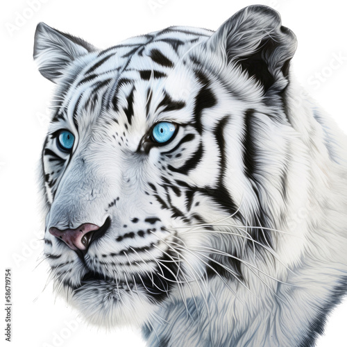 an isolated white tiger FACE  FRONT-view portrait  jungle-themed photorealistic illustration on a transparent background cutout in PNG  GENERATIVE AI
