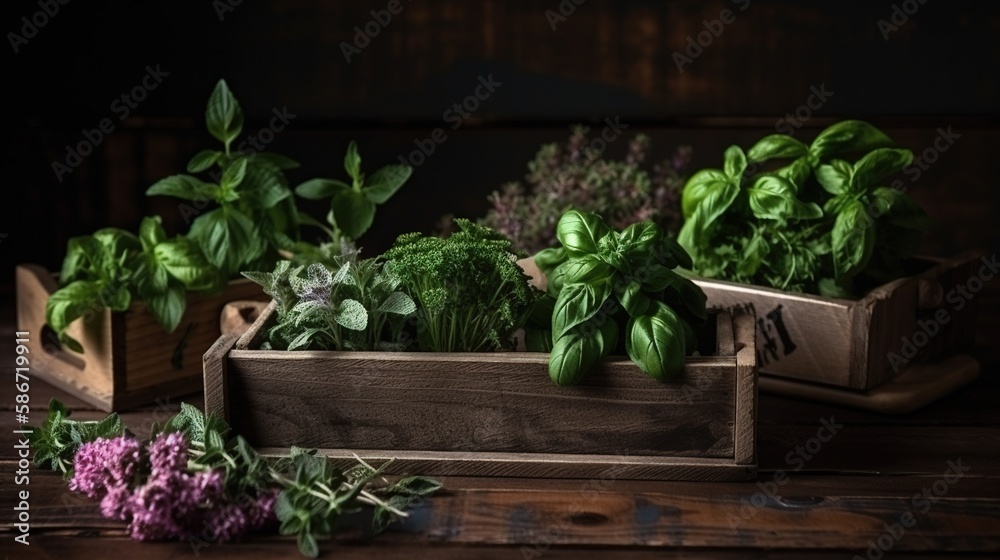 Vegetable plants inside wooden boxes on a wooden table Generative AI Vegetable plants inside wooden boxes on a wooden table Generative AI